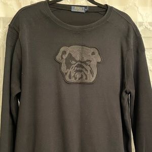Brand:  polo black sweat shirt with bulldog insignia in the front center.